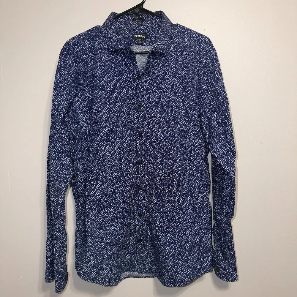 Express Men’s XL Extra Slim Long Sleeve Button Up Shirt Blue Print - Picture 2 of 7